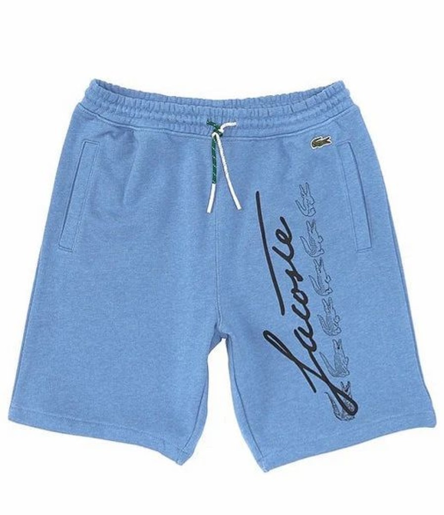 Bottoms * | Men'S Lacoste Blue Chine Signature Print Cotton Fleece Shorts 3/S