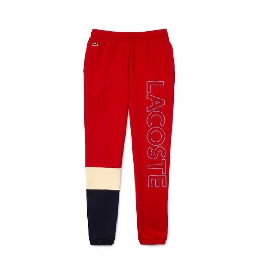 Bottoms * | Men'S Lacoste Red/Naturel Clair/Navy Blue Lettered Colourblock Fleece Tracksuit Pants 3/S