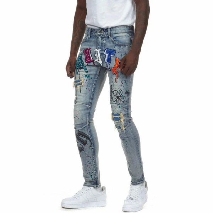 Bottoms * | Smoke Rise Placid Blue Unity Dripping Jeans 30 32