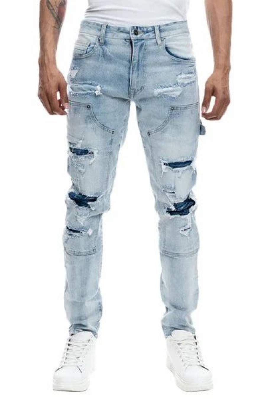 Bottoms * | Men'S Smoke Rise Montauk Blue Rip & Repair Double Knee Fashion Jeans 30 32